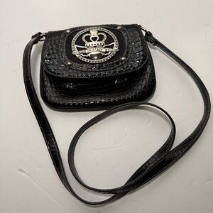 Vintage Kathy Van Zeeland Crossbody Purse Black Shiny Vinyl Y2K Womens Studded